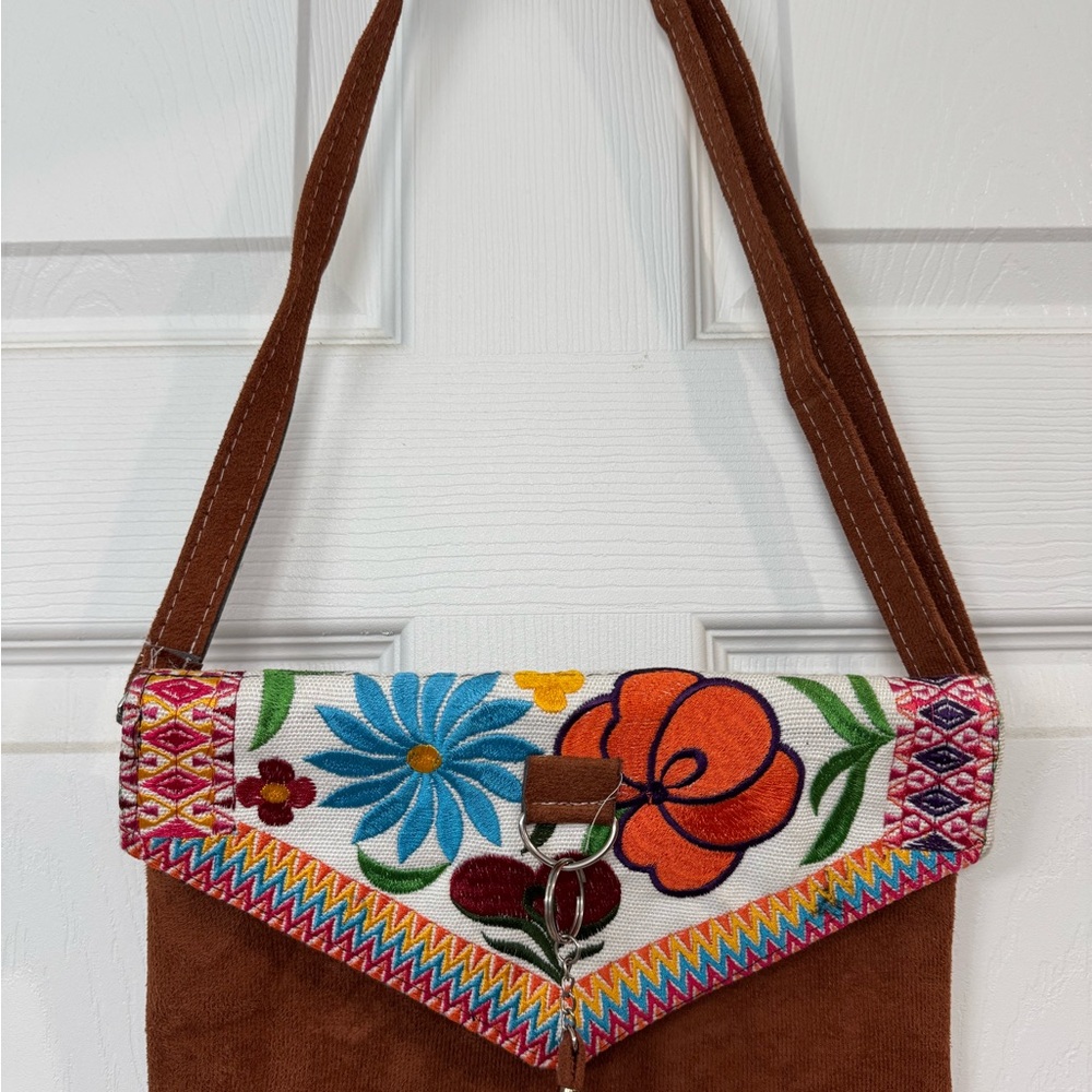 Embroidered Brown Shoulder Bag